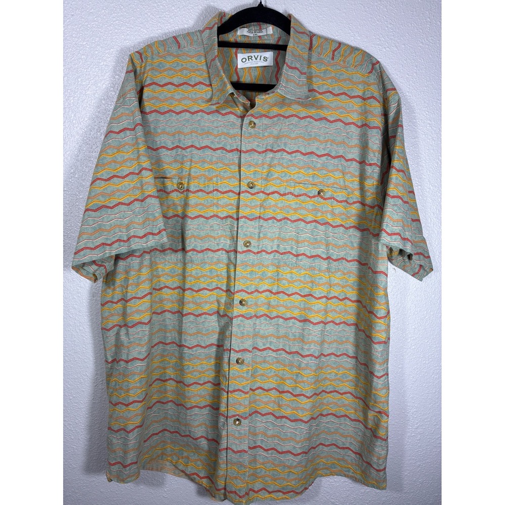 Orvis Mens XXL Short Sleeve Button Down Shirt Chevron Wave Print Cotton